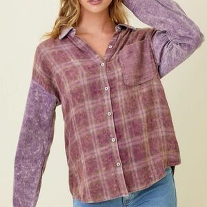 NWOT Mystree Plaid Block Purple Long-sleeve Flannel Size L